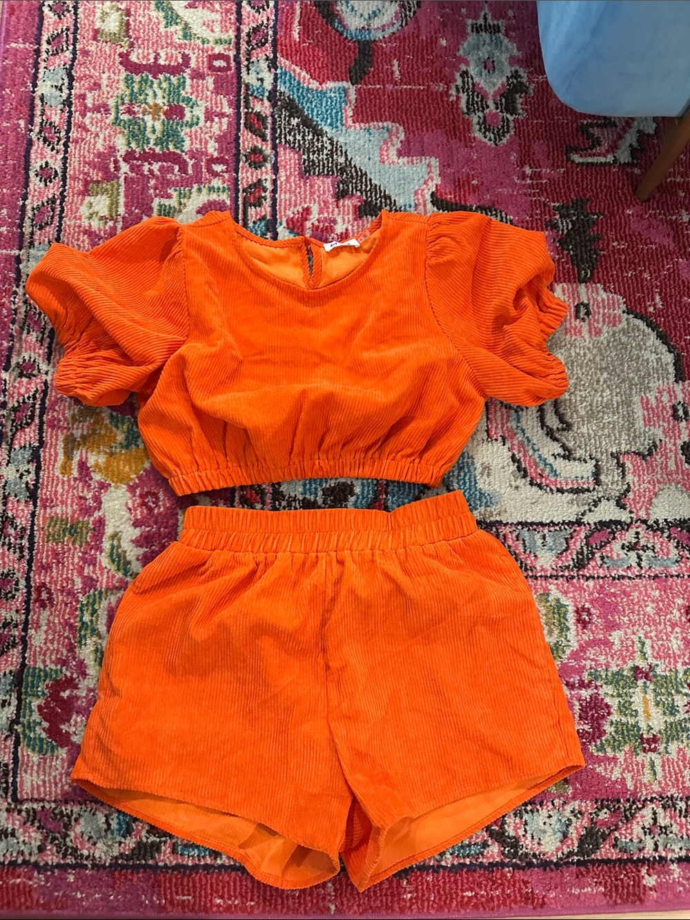 Women's Orange Corduroy Puff-Sleeve Crop Top & Shorts Set